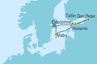 Visitando Estocolmo (Suecia), Visby (Suecia), Helsinki (Finlandia), Tallin (Estonia), San Petersburgo (Rusia), San Petersburgo (Rusia), Estocolmo (Suecia)