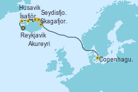 Visitando Reykjavik (Islandia), Reykjavik (Islandia), Ísafjörður (Islandia), Skagafjordur, Islandia, Akureyri (Islandia), Akureyri (Islandia), Husavik (Islandia), Seydisfjordur (Islandia), Copenhague (Dinamarca)