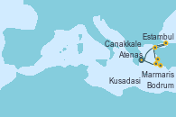 Visitando Atenas (Grecia), Bodrum (Turquia), Marmaris (Turquía), Kusadasi (Efeso/Turquía), Canakkale (Turquía), Estambul (Turquía), Estambul (Turquía), Atenas (Grecia)
