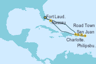 Visitando Fort Lauderdale (Florida/EEUU), San Juan (Puerto Rico), Charlotte Amalie (St. Thomas), Philipsburg (St. Maarten), Road Town (Isla Tórtola/Islas Vírgenes), Nassau (Bahamas), Fort Lauderdale (Florida/EEUU)