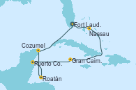 Visitando Fort Lauderdale (Florida/EEUU), Nassau (Bahamas), Gran Caimán (Islas Caimán), Puerto Costa Maya (México), Roatán (Honduras), Cozumel (México), Fort Lauderdale (Florida/EEUU)