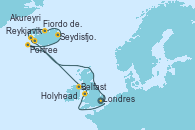 Visitando Londres (Reino Unido), Reykjavik (Islandia), Fiordo de Grundar (Islandia), Akureyri (Islandia), Seydisfjordur (Islandia), Portree (Reino Unido), Belfast (Irlanda), Holyhead (Gales/Reino Unido), Londres (Reino Unido)