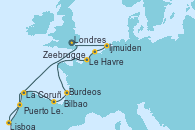 Visitando Londres (Reino Unido), La Coruña (Galicia/España), Puerto Leixões (Portugal), Lisboa (Portugal), Bilbao (España), Burdeos (Francia), Le Havre (Francia), Zeebrugge (Bruselas), Ijmuiden (Ámsterdam), Londres (Reino Unido)