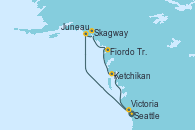 Visitando Seattle (Washington/EEUU), Juneau (Alaska), Skagway (Alaska), Fiordo Tracy Arm (Alaska), Ketchikan (Alaska), Victoria (Canadá), Seattle (Washington/EEUU)