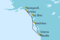 Visitando Seattle (Washington/EEUU), Icy Strait Point (Alaska), Navegación por Glaciar Hubbard (Alaska), Juneau (Alaska), Ketchikan (Alaska), Victoria (Canadá), Seattle (Washington/EEUU)