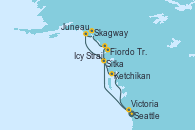 Visitando Seattle (Washington/EEUU), Sitka (Alaska), Juneau (Alaska), Skagway (Alaska), Icy Strait Point (Alaska), Fiordo Tracy Arm (Alaska), Ketchikan (Alaska), Victoria (Canadá), Seattle (Washington/EEUU)