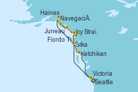 Visitando Seattle (Washington/EEUU), Sitka (Alaska), Navegación por Glaciar Hubbard (Alaska), Haines (Alaska), Juneau (Alaska), Icy Strait Point (Alaska), Fiordo Tracy Arm (Alaska), Ketchikan (Alaska), Victoria (Canadá), Seattle (Washington/EEUU)