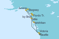 Visitando Seattle (Washington/EEUU), Sitka (Alaska), Icy Strait Point (Alaska), Fiordo Tracy Arm (Alaska), Skagway (Alaska), Juneau (Alaska), Ketchikan (Alaska), Victoria (Canadá), Seattle (Washington/EEUU)