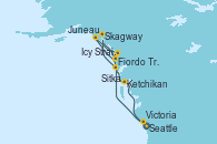 Visitando Seattle (Washington/EEUU), Sitka (Alaska), Skagway (Alaska), Fiordo Tracy Arm (Alaska), Icy Strait Point (Alaska), Juneau (Alaska), Ketchikan (Alaska), Victoria (Canadá), Seattle (Washington/EEUU)