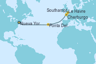 Visitando Nueva York (Estados Unidos), Ponta Delgada (Azores), Cherburgo (Francia), Le Havre (Francia), Southampton (Inglaterra)