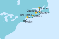 Visitando Boston (Massachusetts), Bar Harbor (Maine), Halifax (Canadá), Sydney (Nueva Escocia/Canadá), Charlottetown (Canadá), Quebec (Canadá), Quebec (Canadá)