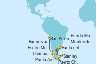 Visitando Buenos aires, Buenos aires, Montevideo (Uruguay), Punta del Este (Uruguay), Puerto Madryn (Argentina), Stanley (Malvinas), Ushuaia (Argentina), Punta Arenas (Chile), Puerto Chacabuco (Chile), Puerto Montt (Chile), San Antonio (Chile)