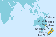 Visitando Sydney (Australia), Milfjord Sound (Nueva Zelanda), Port Chalmers (Nueva Zelanda), Wellington (Nueva Zelanda), Picton (Australia), Napier (Nueva Zelanda), Tauranga (Nueva Zelanda), Auckland (Nueva Zelanda), Sydney (Australia)