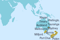 Visitando Sydney (Australia), Melbourne (Australia), Burnie (Tasmania/Australia), Milfjord Sound (Nueva Zelanda), Port Chalmers (Nueva Zelanda), Timaru (Nueva Zelanda), Picton (Australia), Wellington (Nueva Zelanda), Napier (Nueva Zelanda), Tauranga (Nueva Zelanda), Auckland (Nueva Zelanda)