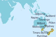 Visitando Sydney (Australia), Melbourne (Australia), Burnie (Tasmania/Australia), Milfjord Sound (Nueva Zelanda), Port Chalmers (Nueva Zelanda), Timaru (Nueva Zelanda), Picton (Australia), Napier (Nueva Zelanda), Tauranga (Nueva Zelanda), Gisborne (Nueva Zelanda), Auckland (Nueva Zelanda)