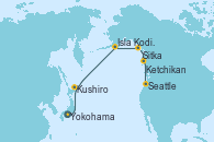 Visitando Yokohama (Japón), Kushiro (Japón), Isla Kodiak (Alaska), Sitka (Alaska), Ketchikan (Alaska), Seattle (Washington/EEUU)