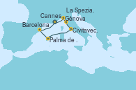 Visitando Cannes (Francia), Génova (Italia), La Spezia, Florencia y Pisa (Italia), Civitavecchia (Roma), Palma de Mallorca (España), Barcelona, Cannes (Francia)