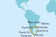 Visitando San Antonio (Chile), Puerto Montt (Chile), Puerto Chacabuco (Chile), Punta Arenas (Chile), Ushuaia (Argentina), Stanley (Malvinas), Montevideo (Uruguay), Buenos aires, Buenos aires