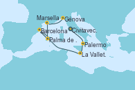 Visitando Civitavecchia (Roma), Palermo (Italia), La Valletta (Malta), Barcelona, Palma de Mallorca (España), Palma de Mallorca (España), Marsella (Francia), Génova (Italia)