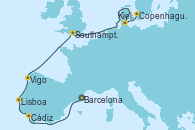 Visitando Barcelona, Cádiz (España), Lisboa (Portugal), Vigo (España), Southampton (Inglaterra), Kiel (Alemania), Copenhague (Dinamarca)