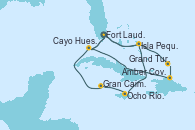 Visitando Fort Lauderdale (Florida/EEUU), Isla Pequeña (San Salvador/Bahamas), Grand Turks(Turks & Caicos), Amber Cove (República Dominicana), Cayo Hueso (Key West/Florida), Fort Lauderdale (Florida/EEUU), Isla Pequeña (San Salvador/Bahamas), Ocho Ríos (Jamaica), Gran Caimán (Islas Caimán), Cayo Hueso (Key West/Florida), Fort Lauderdale (Florida/EEUU)