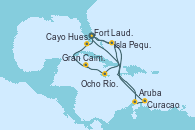 Visitando Fort Lauderdale (Florida/EEUU), Isla Pequeña (San Salvador/Bahamas), Ocho Ríos (Jamaica), Gran Caimán (Islas Caimán), Cayo Hueso (Key West/Florida), Fort Lauderdale (Florida/EEUU), Isla Pequeña (San Salvador/Bahamas), Aruba (Antillas), Curacao (Antillas), Fort Lauderdale (Florida/EEUU)