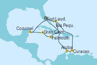 Visitando Fort Lauderdale (Florida/EEUU), Isla Pequeña (San Salvador/Bahamas), Curacao (Antillas), Aruba (Antillas), Fort Lauderdale (Florida/EEUU), Isla Pequeña (San Salvador/Bahamas), Falmouth (Jamaica), Gran Caimán (Islas Caimán), Cozumel (México), Fort Lauderdale (Florida/EEUU)