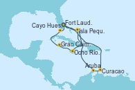 Visitando Fort Lauderdale (Florida/EEUU), Isla Pequeña (San Salvador/Bahamas), Ocho Ríos (Jamaica), Gran Caimán (Islas Caimán), Cayo Hueso (Key West/Florida), Fort Lauderdale (Florida/EEUU), Curacao (Antillas), Aruba (Antillas), Isla Pequeña (San Salvador/Bahamas), Fort Lauderdale (Florida/EEUU)
