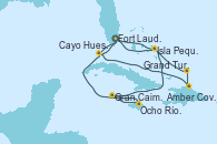 Visitando Fort Lauderdale (Florida/EEUU), Cayo Hueso (Key West/Florida), Amber Cove (República Dominicana), Grand Turks(Turks & Caicos), Isla Pequeña (San Salvador/Bahamas), Fort Lauderdale (Florida/EEUU), Isla Pequeña (San Salvador/Bahamas), Gran Caimán (Islas Caimán), Ocho Ríos (Jamaica), Cayo Hueso (Key West/Florida), Fort Lauderdale (Florida/EEUU)