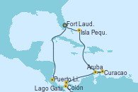 Visitando Fort Lauderdale (Florida/EEUU), Puerto Limón (Costa Rica), Lago Gatun (Panamá), Colón (Panamá), Curacao (Antillas), Aruba (Antillas), Isla Pequeña (San Salvador/Bahamas), Fort Lauderdale (Florida/EEUU)