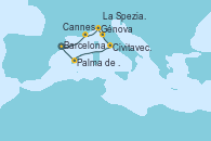 Visitando Barcelona, Cannes (Francia), Génova (Italia), La Spezia, Florencia y Pisa (Italia), Civitavecchia (Roma), Palma de Mallorca (España), Barcelona