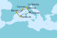 Visitando Civitavecchia (Roma), Palma de Mallorca (España), Barcelona, Cannes (Francia), Génova (Italia), La Spezia, Florencia y Pisa (Italia), Civitavecchia (Roma)