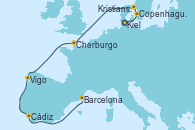 Visitando Kiel (Alemania), Copenhague (Dinamarca), Kristiansand (Noruega), Cherburgo (Francia), Vigo (España), Cádiz (España), Barcelona