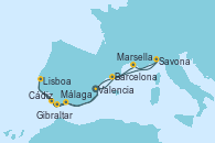 Visitando Valencia, Barcelona, Savona (Italia), Marsella (Francia), Málaga, Cádiz (España), Lisboa (Portugal), Gibraltar (Inglaterra), Valencia