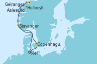 Visitando Kiel (Alemania), Copenhague (Dinamarca), Hellesylt (Noruega), Geiranger (Noruega), Aalesund (Noruega), Stavanger (Noruega), Kiel (Alemania)