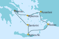 Visitando Atenas (Grecia), Tinos (Grecia), Mykonos (Grecia), Mykonos (Grecia), Kusadasi (Efeso/Turquía), Rodas (Grecia), Aghios Nikolaos (Grecia), Santorini (Grecia), Atenas (Grecia)