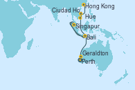 Visitando Perth (Australia), Geraldton (Australia), Bali (Indonesia), Singapur, Ciudad Ho Chi Minh (Vietnam), Ciudad Ho Chi Minh (Vietnam), Ciudad Ho Chi Minh (Vietnam), Hue (Vietnam), Hong Kong (China)