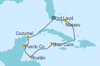 Visitando Fort Lauderdale (Florida/EEUU), Nassau (Bahamas), Gran Caimán (Islas Caimán), Roatán (Honduras), Puerto Costa Maya (México), Cozumel (México), Fort Lauderdale (Florida/EEUU)