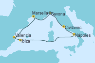 Visitando Savona (Italia), Civitavecchia (Roma), Nápoles (Italia), Ibiza (España), Valencia, Marsella (Francia), Savona (Italia)