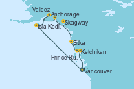Visitando Vancouver (Canadá), Isla Kodiak (Alaska), Anchorage (Alaska), Valdez (Alaska), Skagway (Alaska), Sitka (Alaska), Ketchikan (Alaska), Prince Rupert (Canadá), Vancouver (Canadá)