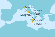 Visitando Bari (Italia), Catania (Sicilia), La Valletta (Malta), Nápoles (Italia), Civitavecchia (Roma), Savona (Italia)