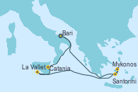 Visitando Bari (Italia), Catania (Sicilia), La Valletta (Malta), Mykonos (Grecia), Santorini (Grecia), Bari (Italia)