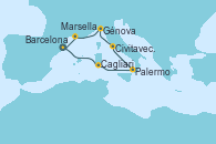 Visitando Barcelona, Cagliari (Cerdeña), Palermo (Italia), Civitavecchia (Roma), Génova (Italia), Marsella (Francia), Barcelona