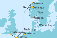 Visitando Copenhague (Dinamarca), Oslo (Noruega), Kristiansand (Noruega), Bergen (Noruega), Geiranger (Noruega), Aalesund (Noruega), Ámsterdam (Holanda), Zeebrugge (Bruselas), Le Havre (Francia), Southampton (Inglaterra)