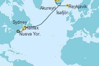 Visitando Nueva York (Estados Unidos), Halifax (Canadá), Sydney (Nueva Escocia/Canadá), Akureyri (Islandia), Ísafjörður (Islandia), Reykjavik (Islandia), Reykjavik (Islandia)