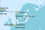 Visitando Reykjavik (Islandia),Ísafjörður (Islandia),Akureyri (Islandia),Navegación,Aalesund (Noruega),Geiranger (Noruega),Bergen (Noruega),Navegación,Ámsterdam (Holanda),Zeebrugge (Bruselas),Southampton (Inglaterra)
