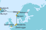 Visitando Reykjavik (Islandia), Ísafjörður (Islandia), Akureyri (Islandia), Aalesund (Noruega), Olden (Noruega), Bergen (Noruega), Ámsterdam (Holanda), Zeebrugge (Bruselas), Southampton (Inglaterra)