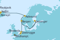 Visitando Southampton (Inglaterra), Zeebrugge (Bruselas), Ámsterdam (Holanda), Bergen (Noruega), Geiranger (Noruega), Aalesund (Noruega), Akureyri (Islandia), Ísafjörður (Islandia), Reykjavik (Islandia), Reykjavik (Islandia)