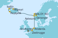 Visitando Southampton (Inglaterra), Zeebrugge (Bruselas), Ámsterdam (Holanda), MALOY, NORWAY, Geiranger (Noruega), Aalesund (Noruega), Akureyri (Islandia), Ísafjörður (Islandia), Reykjavik (Islandia), Reykjavik (Islandia)