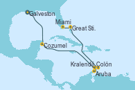 Visitando Galveston (Texas), Cozumel (México), Aruba (Antillas), Colón, Kralendijk (Antillas), Great Stirrup Cay (Bahamas), Miami (Florida/EEUU)